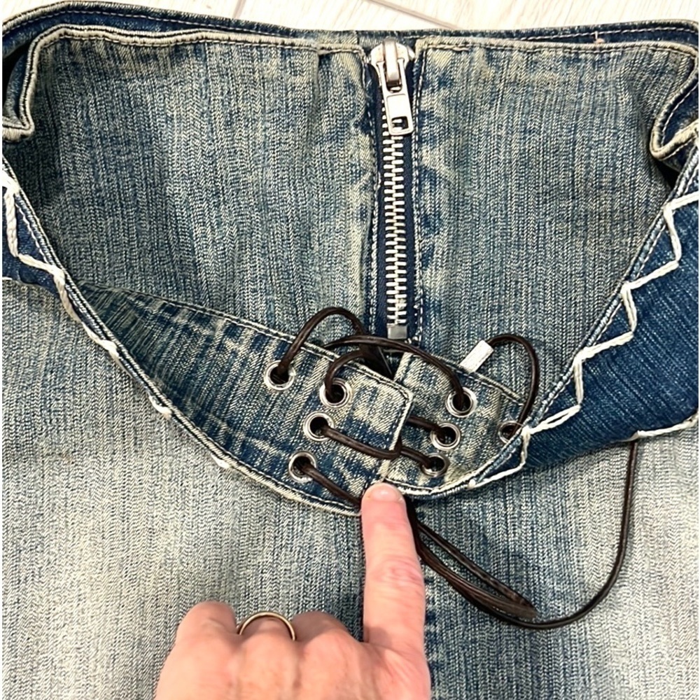 Y2K Crest Jeans,Crochet Panel Denim Mermaid Skirt Boho Western Stretch Size S - Picture 4 of 11